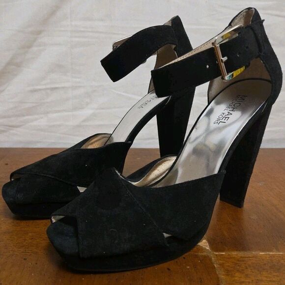 Michael Michael Kors Black Suede Heels Pumps Size 8.5 Peep Toe Platform Shoes - Picture 1 of 8